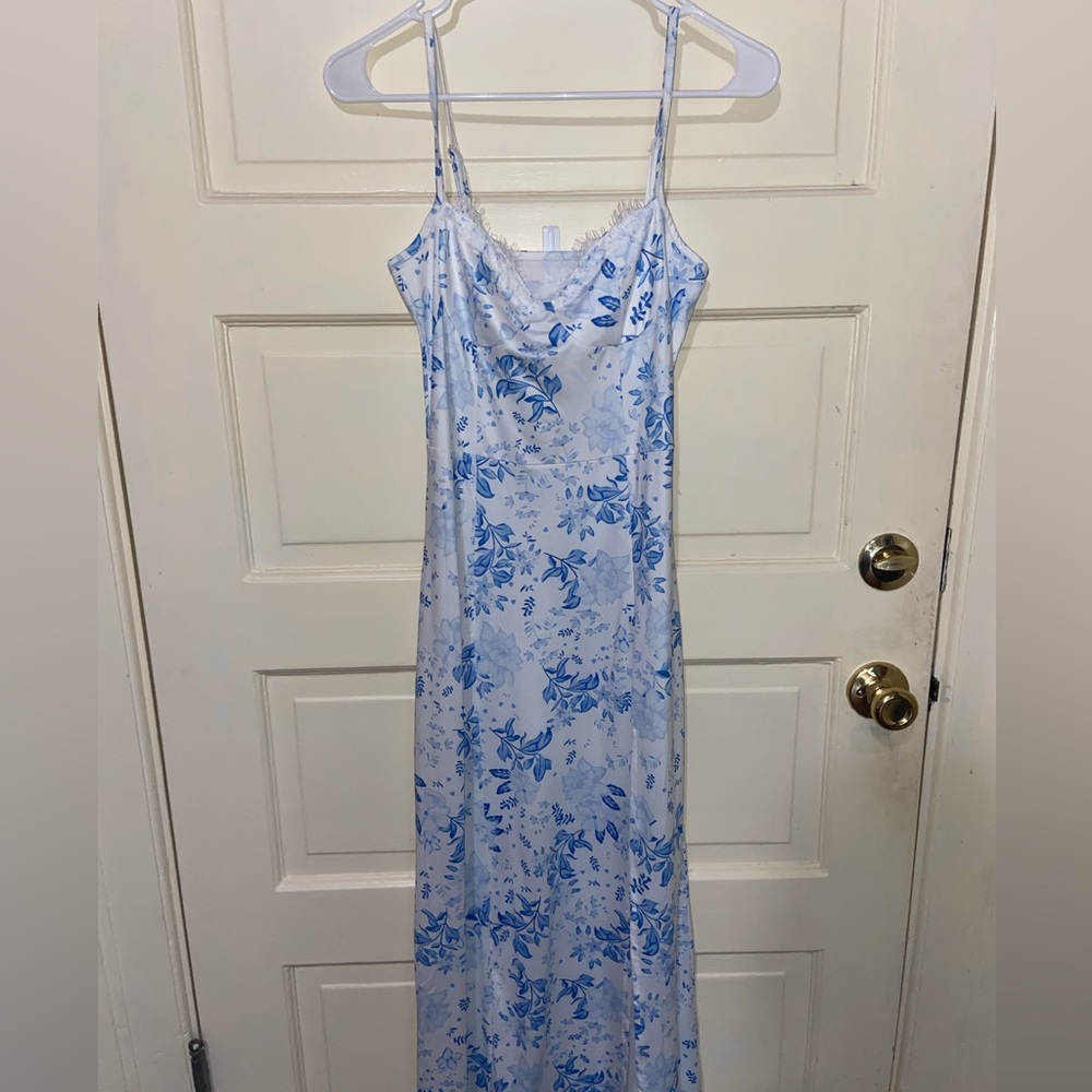 Blue and white floral midi dress